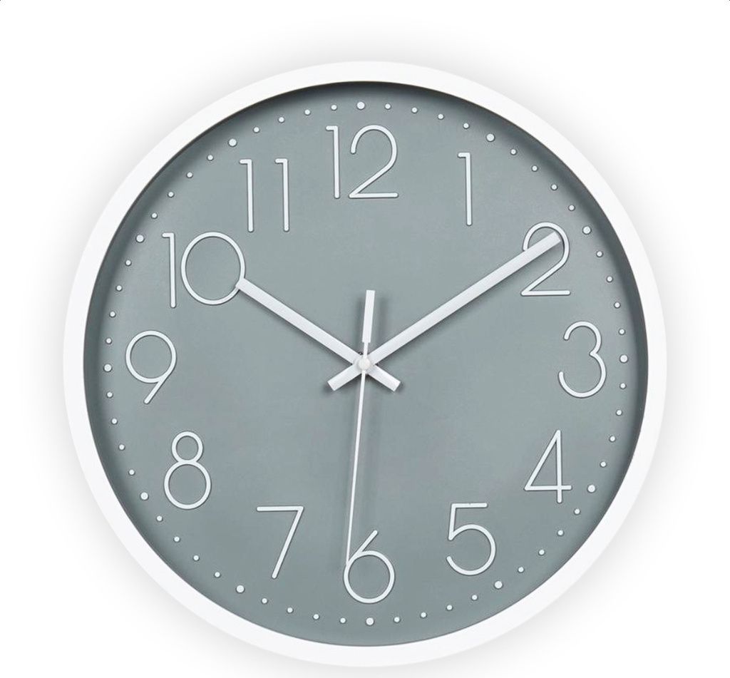 A minimalist wall clock with a gray face and white numbers and hands, set against a white background.