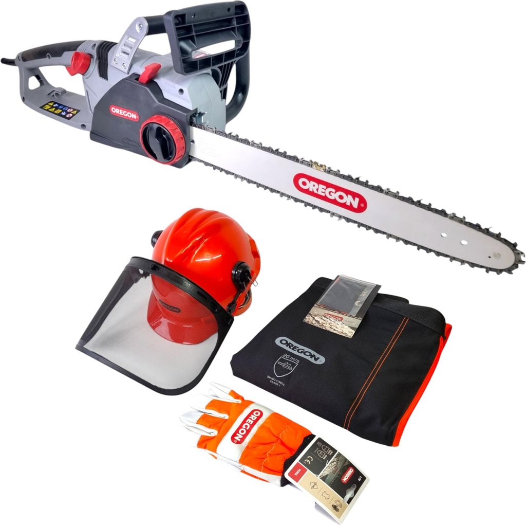 Oregon CS 1500 Kettensäge 2400 W 45 cm Schnittlänge 3/8" ( 579641 ) + Schutzausrüstung Set ( 574742A ) Schutzhelm / Beinschutz / Handschuhe