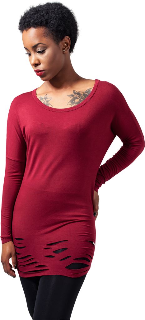 Urban Classics Damen Pullover Ladies Cutted Viscose L/S Tee Burgundy-XL