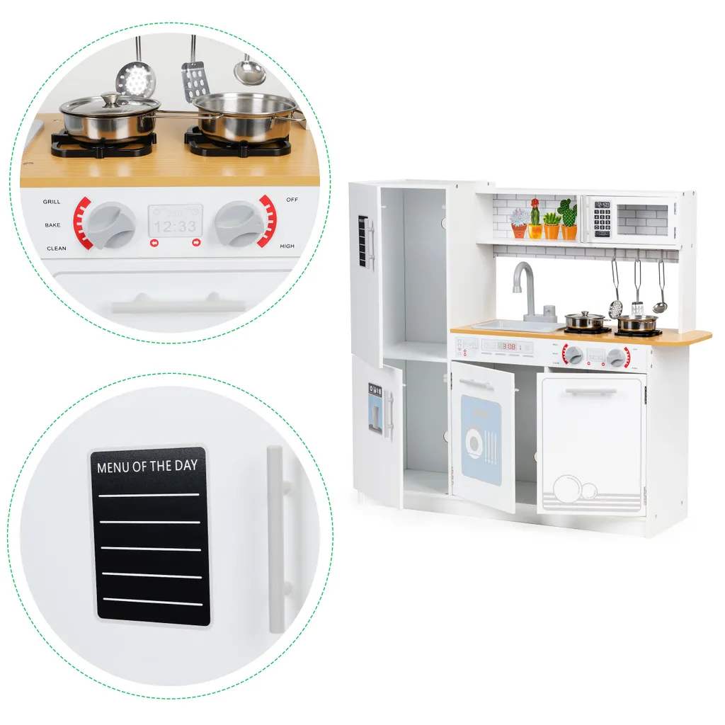 Cuisine bois enfant lumineuse LED interactive avec batterie de cuisine