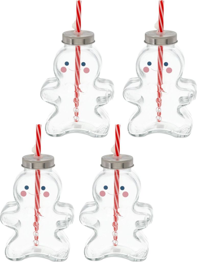 Novaliv 4x Tassen Glühwein 440 ml Personalisierte Weihnachtstasse mit Trinkhalm - Lebkuchenmann als Glühweinbecher - Christbaumkugel Motiv Tasse ...