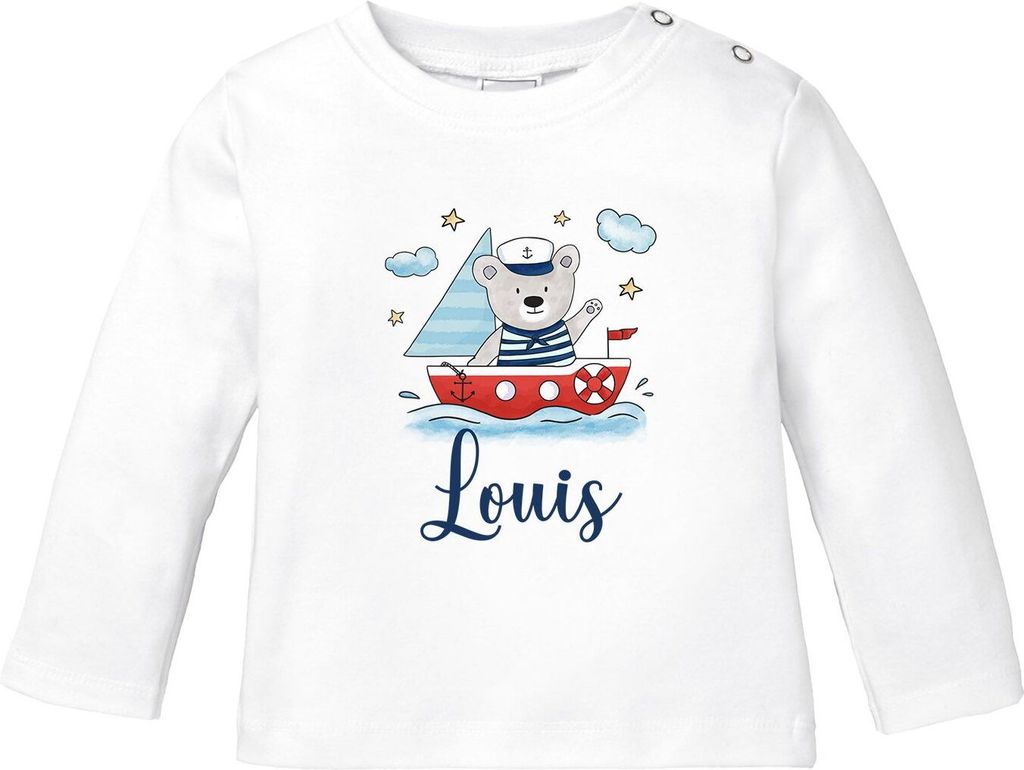 Baby Langarmshirt mit Name Bär Boot Segelboot Aufdruck Motiv personalisierte Geschenke Junge Mädchen Baumwolle SpecialMe weiß 92/98 (16-24-Mon...