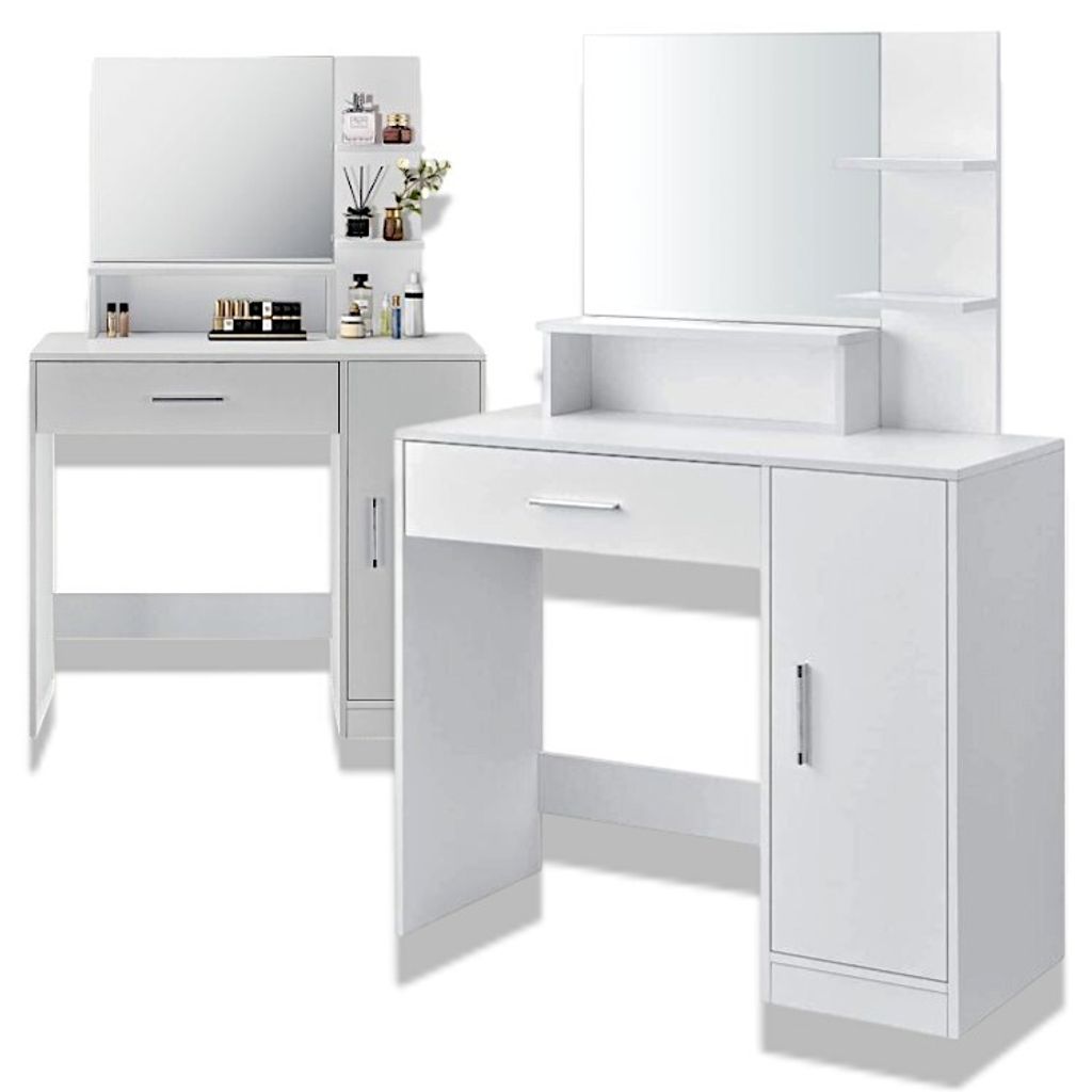 Schminktisch mit Spiegel, 1 Schublade, Fächern Frisiertisch für Make-up, Kosmetiktisch Kommode, Regale, Schreibtisch, weiß