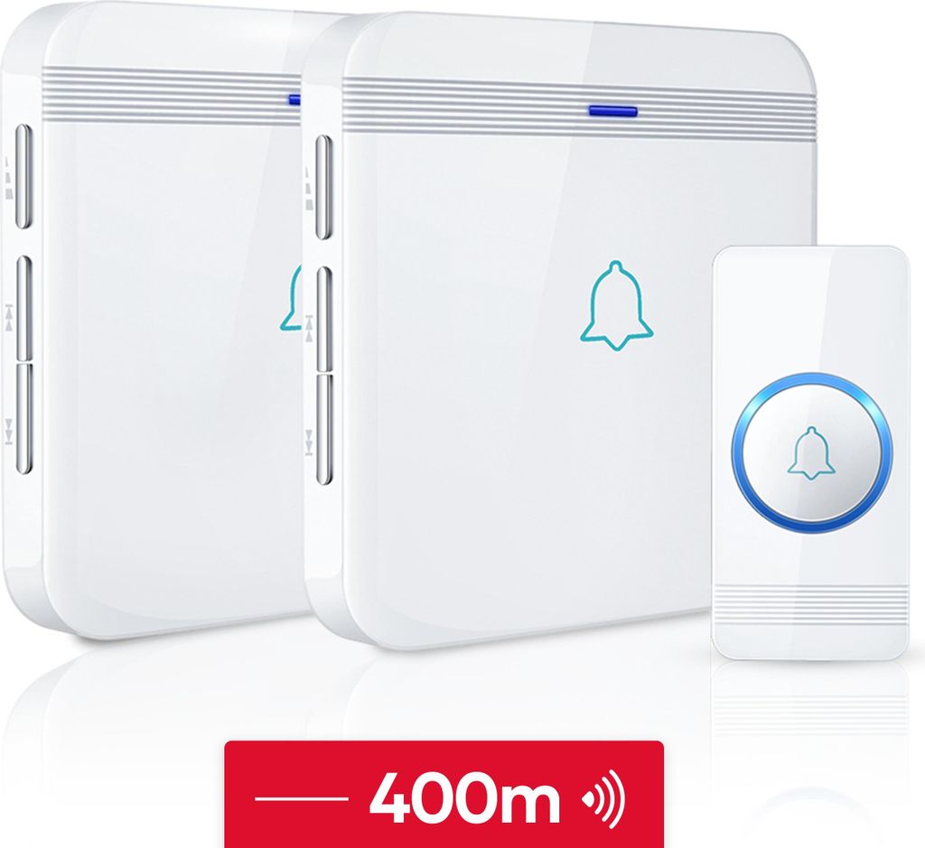 SAVS Funk-Türklingel mit 2 Empfängern - Weiß - Reichweite 400 Meter - Wasserdicht - Batteriefrei - 52 Melodien
