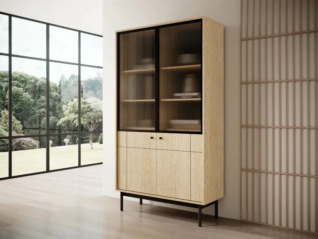 Meuble vitrine FIBI chêne linea - Pour exposer déco et vaisselle