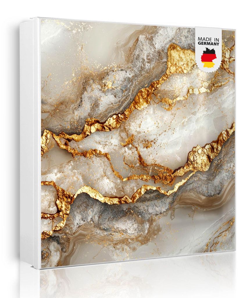 banjado Schlüsselkasten aus Metall, 30x30cm groß mit 32 Haken, als Magnettafel nutzbar, Korpus schwarz, Anschlag rechts, Weißer Marmor mit Gold ...
