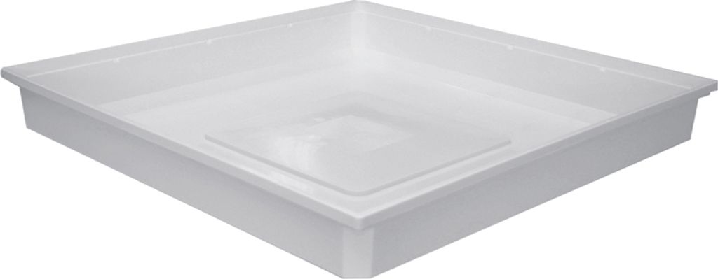A white square shower tray with a raised central area, shown from a diagonal angle against a white background.