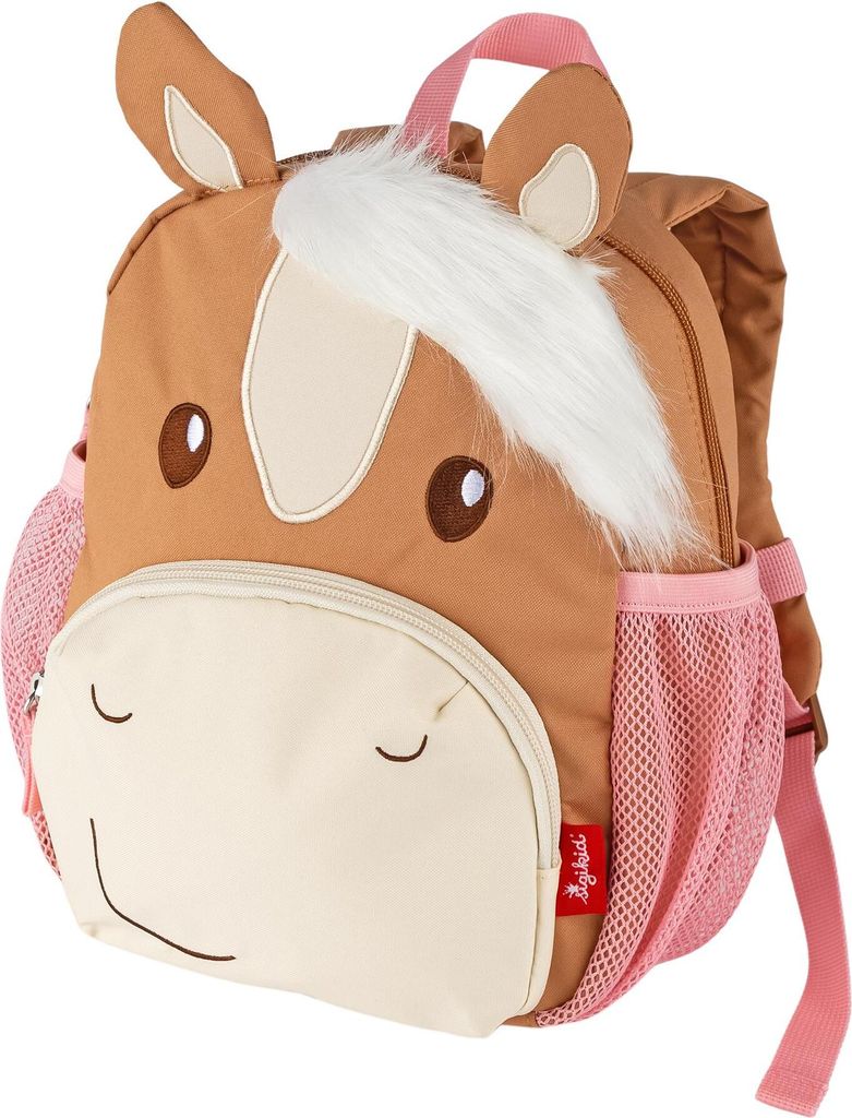 A close-up front view of a child's backpack designed to look like a horse.