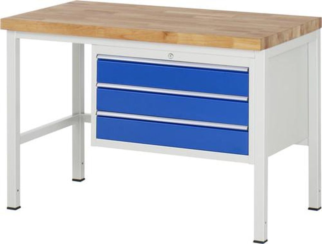 Werkbank mit 3 XL Schubladen - Vollauszug - 120:3 - höhenverstellbar 840-1.040 mm - 1.250 x 700 mm (BxT) - Traglast 1.250 kg - Buche