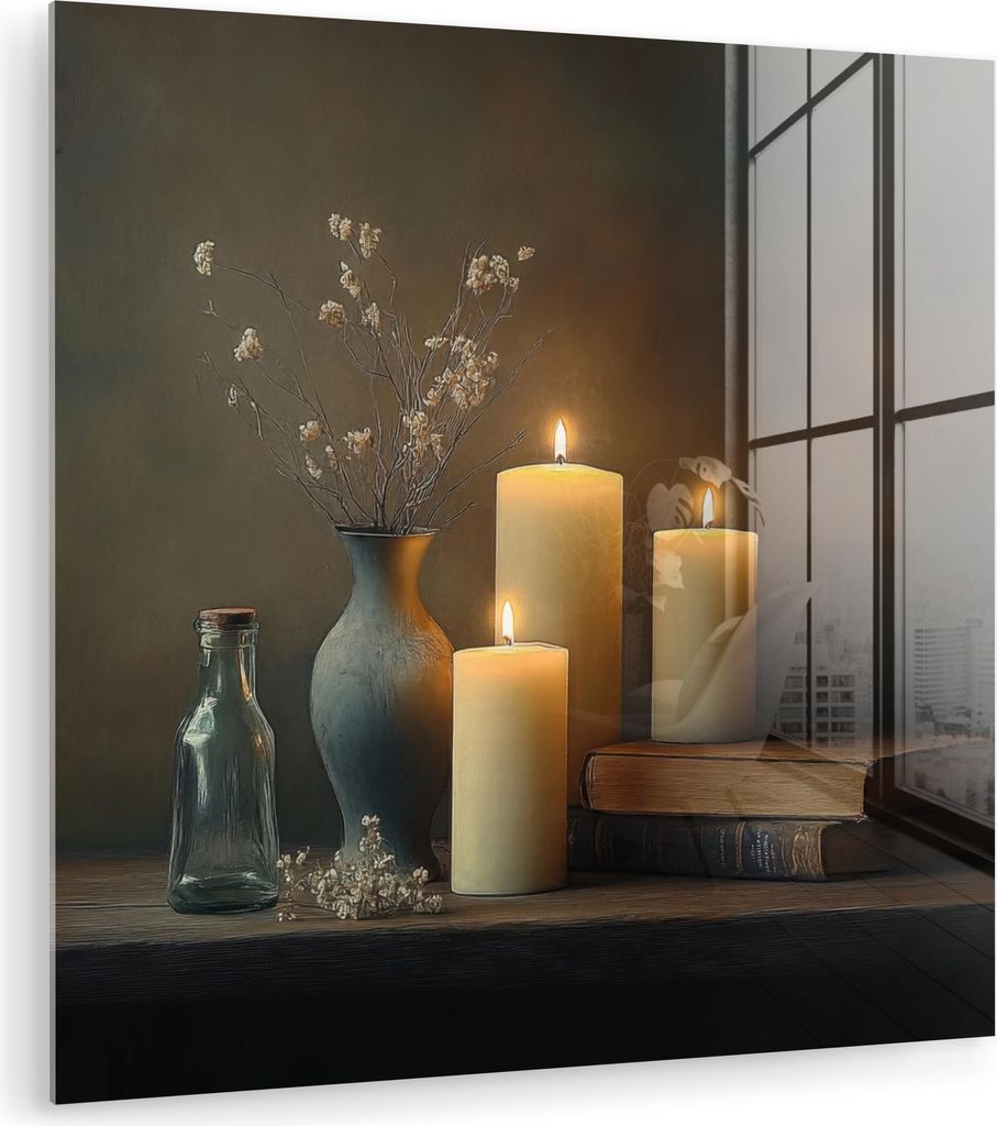 MuchoWow Glasbilder - Bilder auf Wandbild - Foto auf Glas Kerzen - Stilleben - Rustikal - Bücher 90x90 cm Wanddekoration aus Glas - Acrylglasbild ...