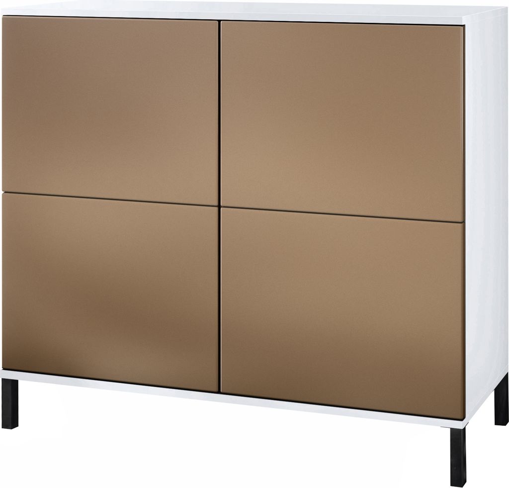 Vladon Kommode Rova V3, Moderner Küchenschrank mit 4 Push-to-Open Türen Weiß matt / Bronze Optik (92,5 x 83.5 x 35)