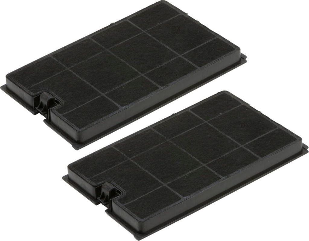 Two black carbon filters for a cooker hood, shown from a diagonal angle against a white background.