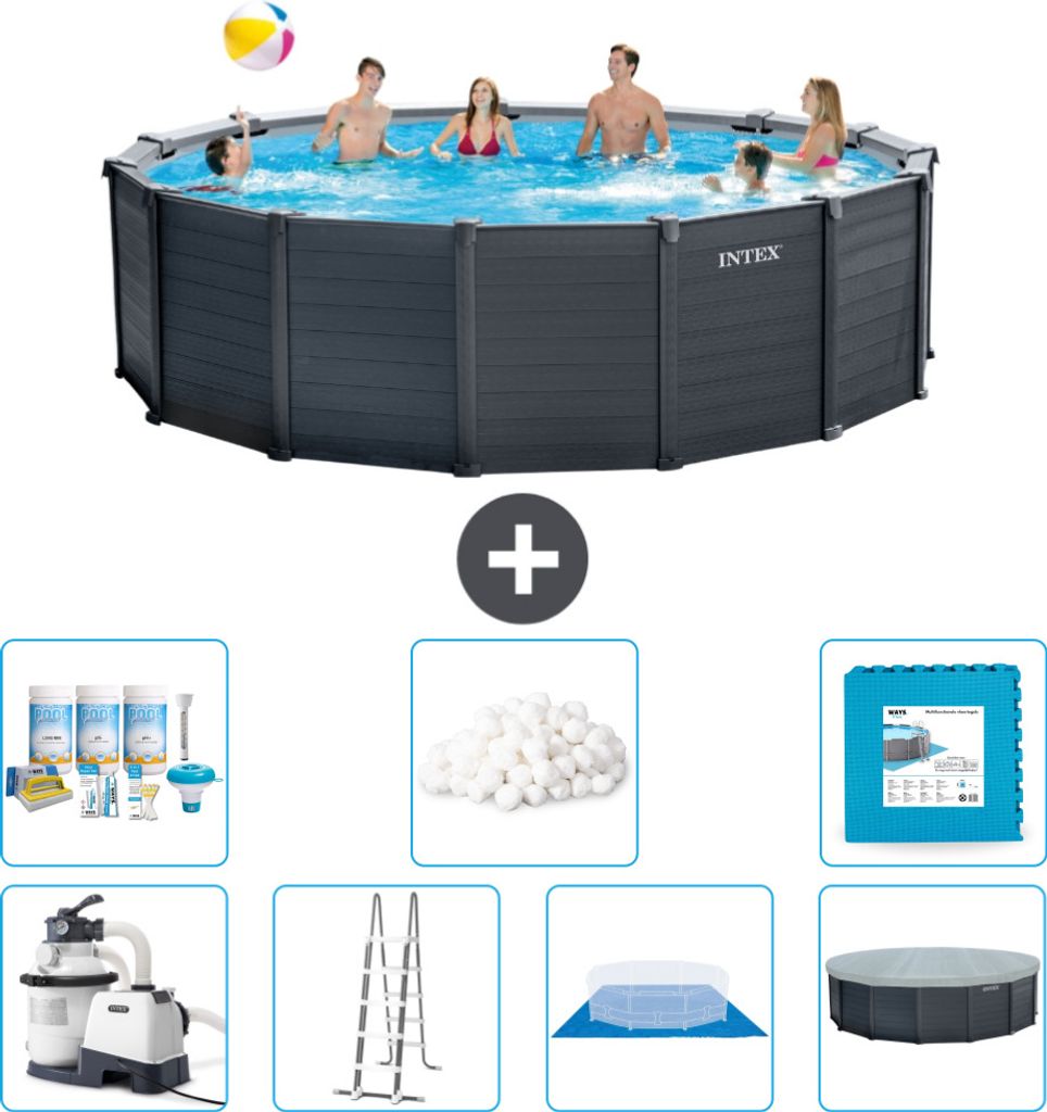 Intex runder Pool mit graphitgrauem Paneel – 478 x 124 cm – inklusive Pumpe – Leiter – Bodenplane – Abdeckung Wartungspaket - Filterbäll...