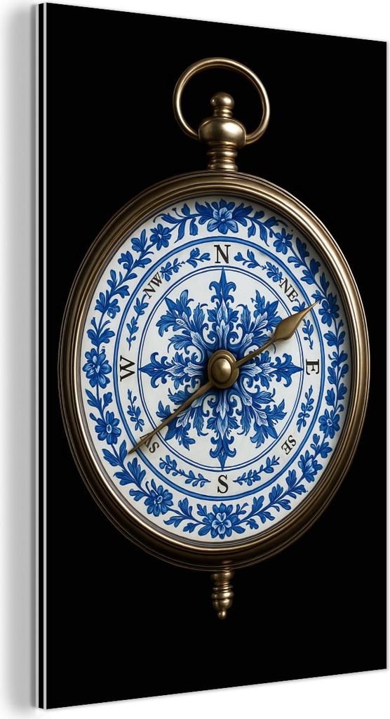 MuchoWow Wanddekoration Metall Metallbild Wandkunst 60x90 cm Kompass - Delfter Blau - Schwarz MuchoWow Aluminium Gemälde - Wandbilder - Aluminium