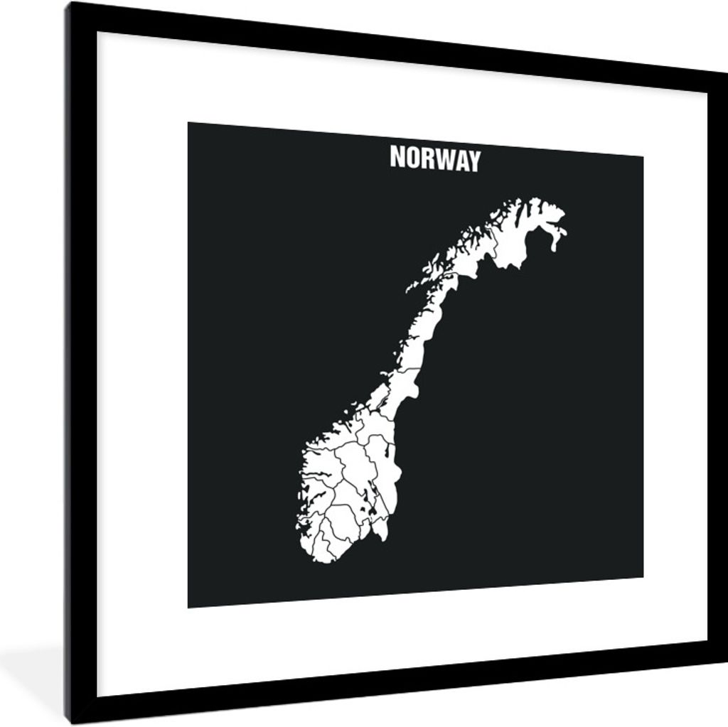 MuchoWow Gerahmtes Poster Illustration von Norwegen in weiß vor schwarzem Hintergrund 40x40 cm - Poster mit Schwarzem Bilderrahmen Wandposter Ra...
