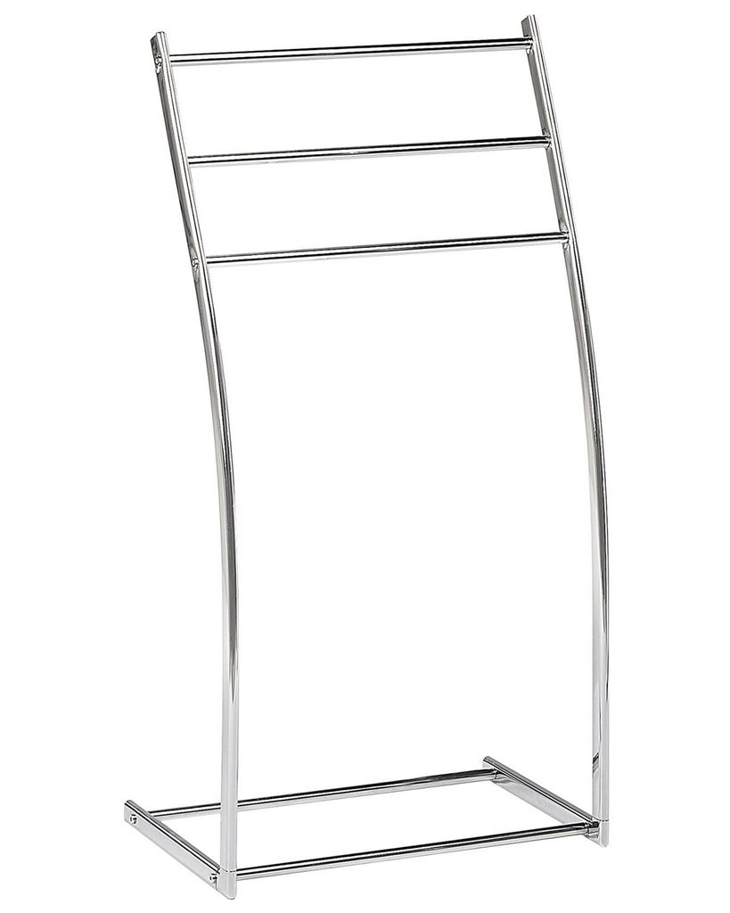 A freestanding towel rack with three arms, made of silver-colored metal.