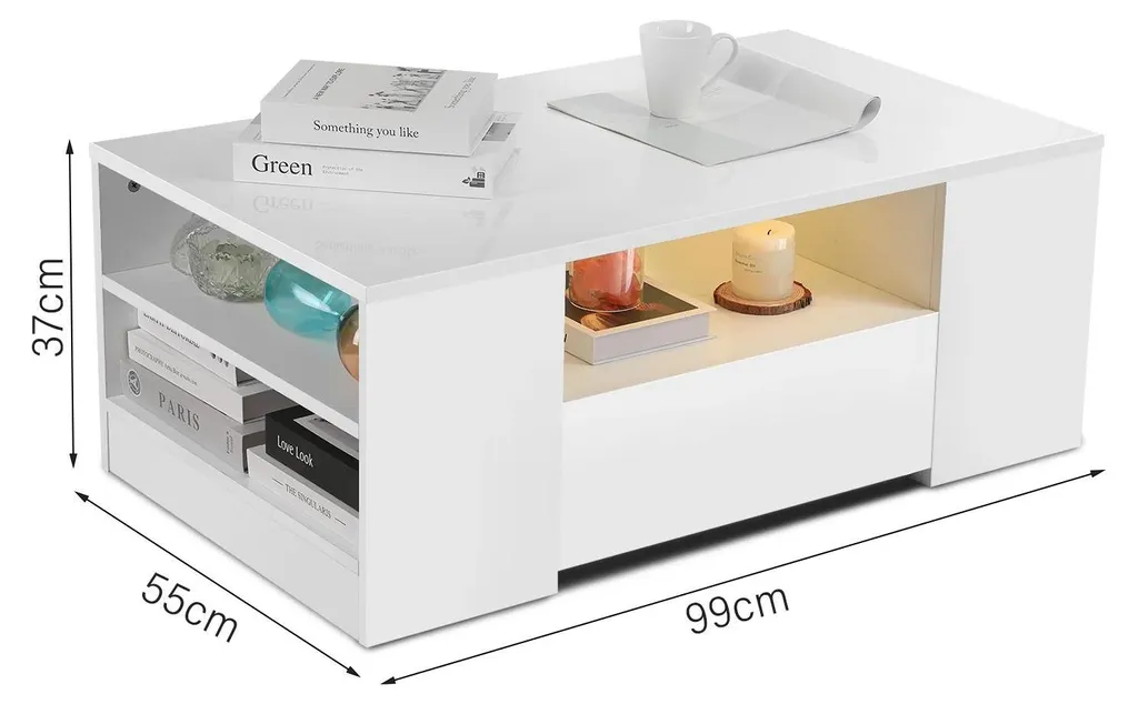 Table basse blanche brillante LED - Solution de rangement salon 2 tiroirs - 5