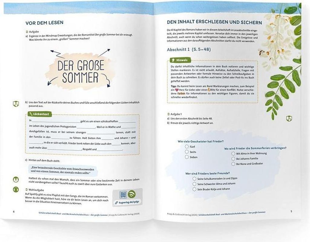 Der große Sommer - Ewald Arenz - Schülerarbeitsheft - Realschule und Werkrealschule