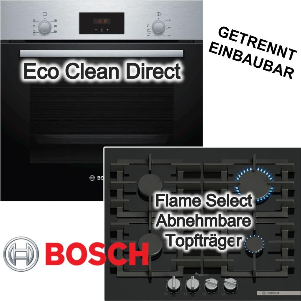 Backofen-Set BOSCH Einbau Backofen HBF133BR0 Edelstahl 66 Liter 3D Heißluft Eco Clean Direct + Bosch Gaskochfeld PPP6A6I40 60 cm Flame Select Zün...