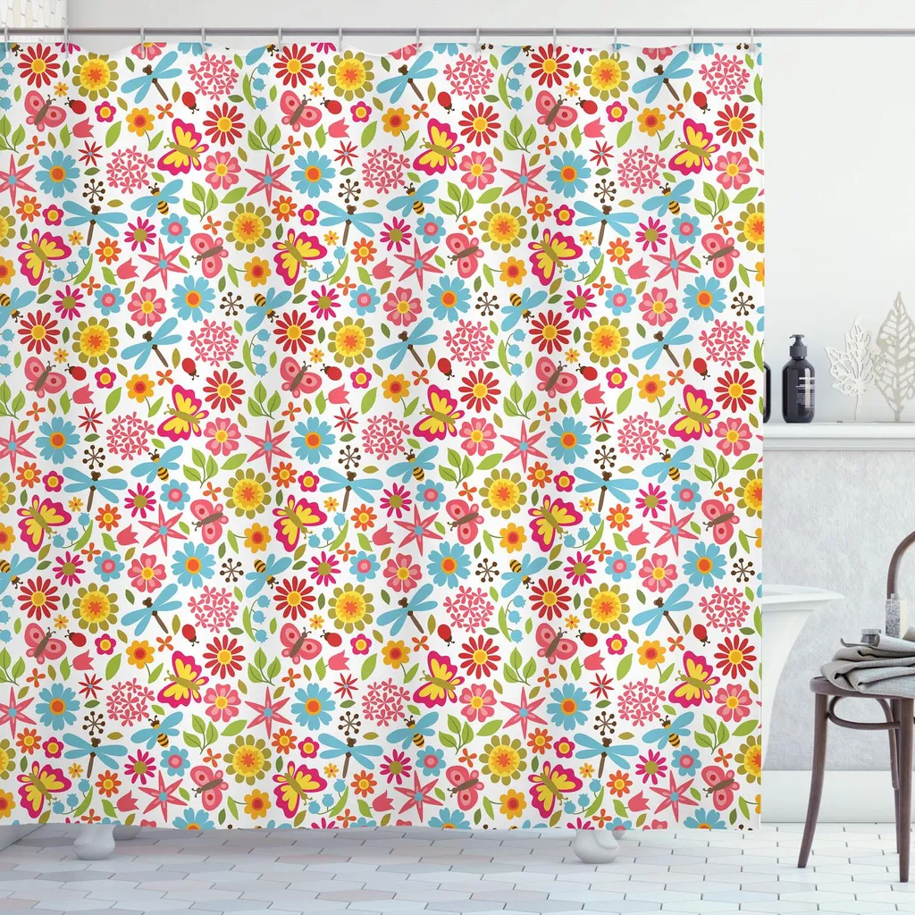 ABAKUHAUS Tenda da doccia con motivi floreali, fiori, farfalle, petali, coleotteri, coccinelle, tema floreale, giardino, doodle, 175 x 240 cm, multicolore