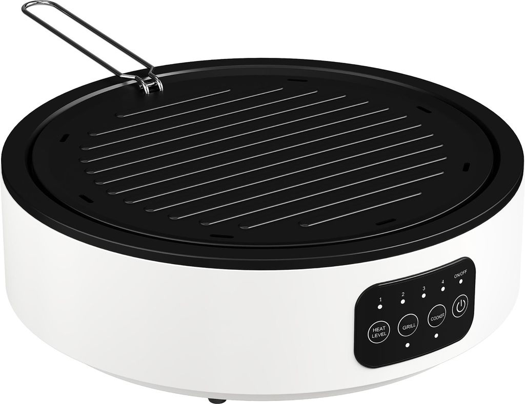 Dual-Keramikkochfeld, 2-in-1 Design, zum Kochen und Grillen, 2000W, 4 Hitzestufen, LED-Display, Fettfangschale, Weiß