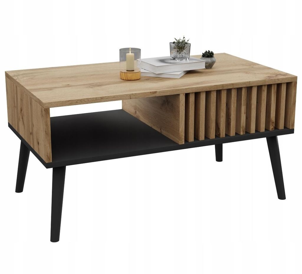 A coffee table with a wood-grain top and slatted side detail, set against a white background.