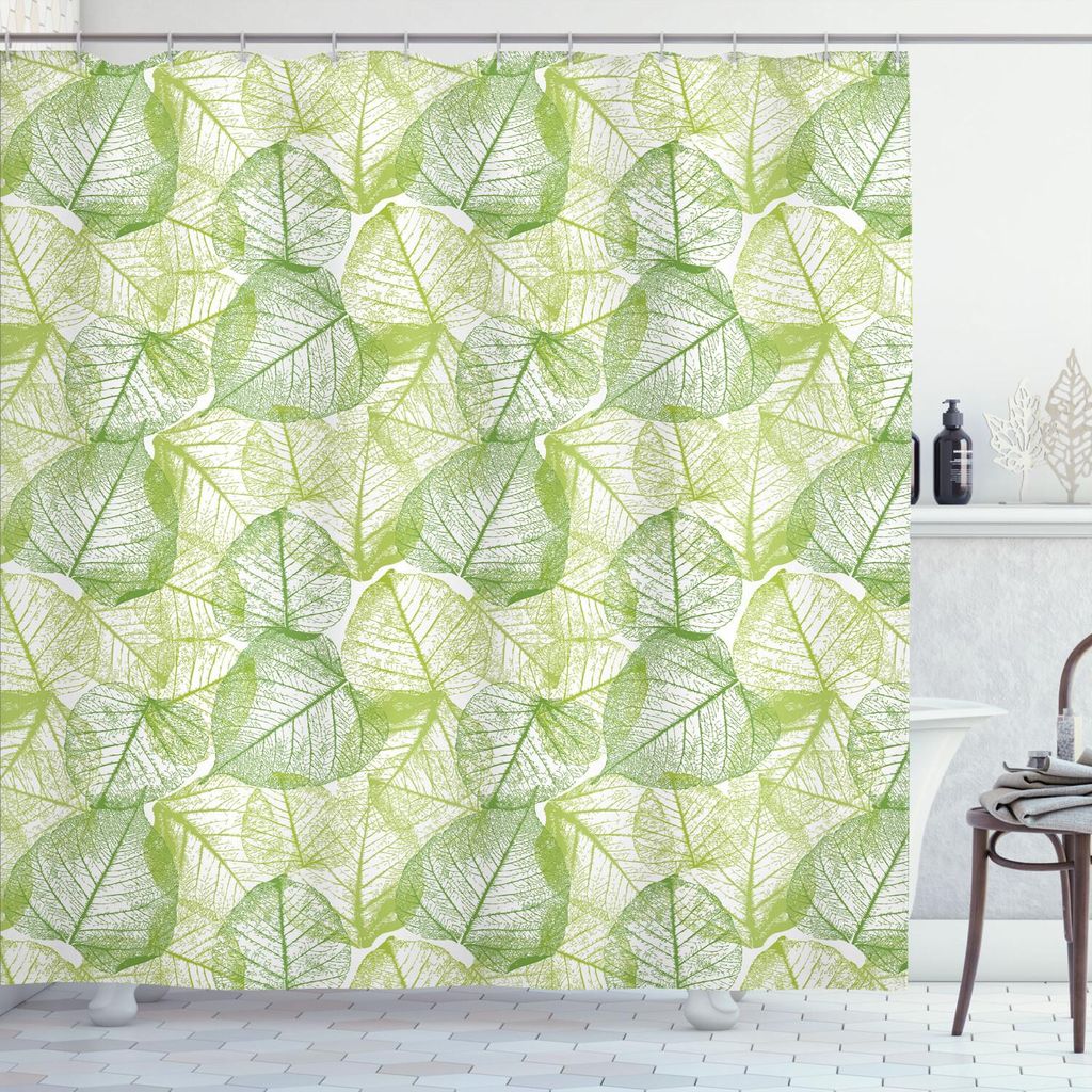 ABAKUHAUS Blätter Duschvorhang, Pflanzen Abstrakte Skizze Druck-Art-Blatt Frische Natur-Elemente, 175 x 200 cm, Lime Green Apple Grün
