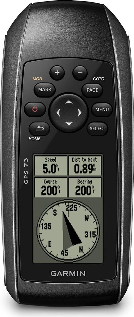 A Garmin GPS 73 handheld navigation device is shown against a black background.