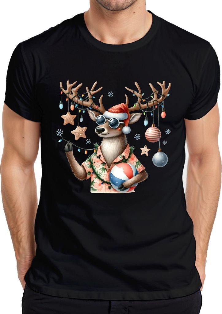 Cooles Rentier Sonnenbrille Strand Weihnachten Hawaii Hemd Urlaub Herren T-Shirt, Schwarz, XL