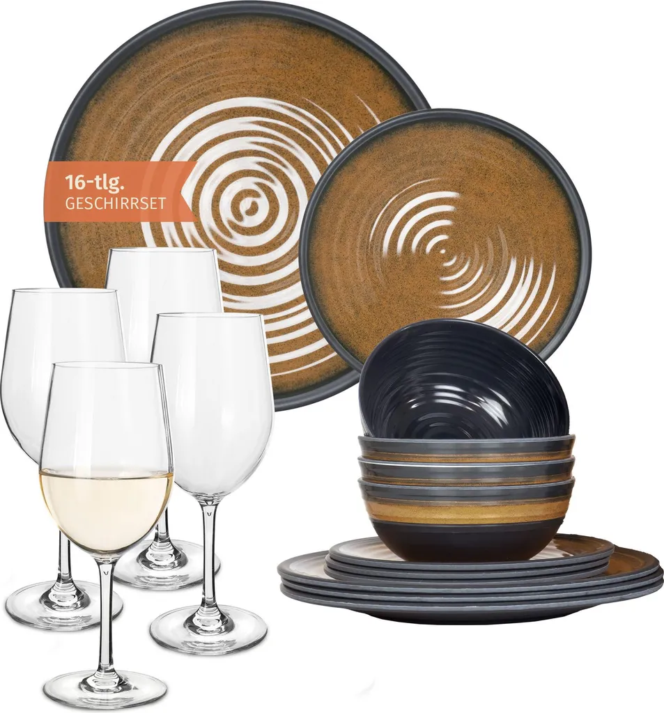 Set Stoviglie BBQ Melamina Stone Curry 4 Persone + 4 Bicchieri Tiamo