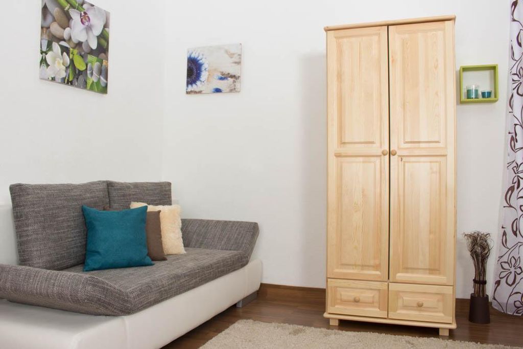 Kleiderschrank aus Holz, natur, 190x80x60 cm (HxBxT), mit 1 Kleiderstange und 2 Schubladen