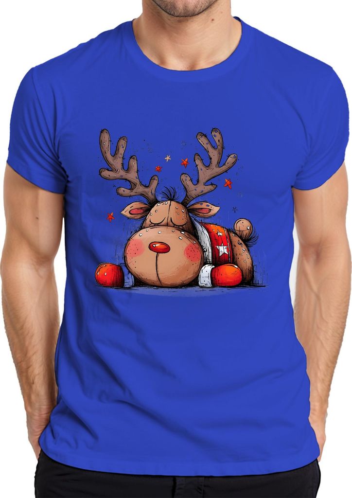 Weihnachten schlafendes Rentier rote Nase Geweih Sterne Niedlich Herren T-Shirt, Blau, S