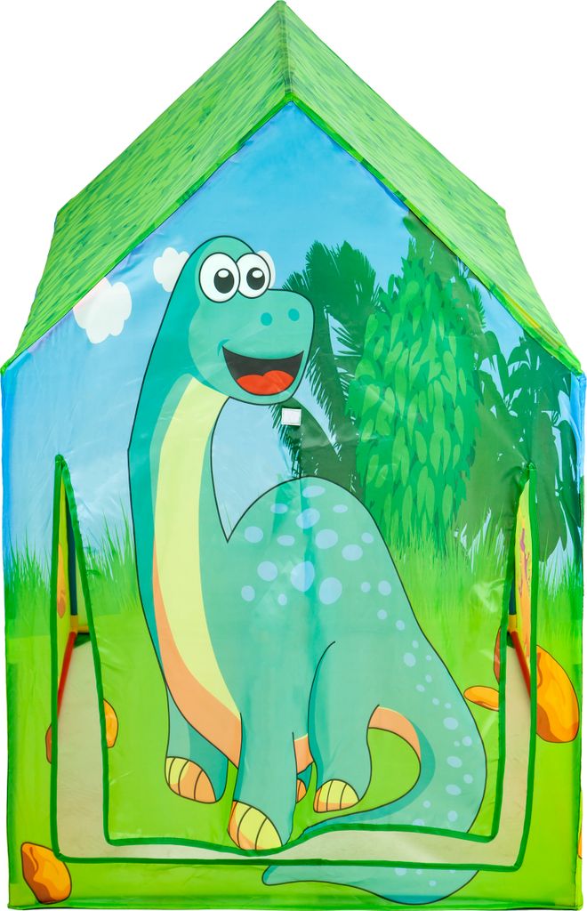 A colorful tent with a cartoon dinosaur illustration.