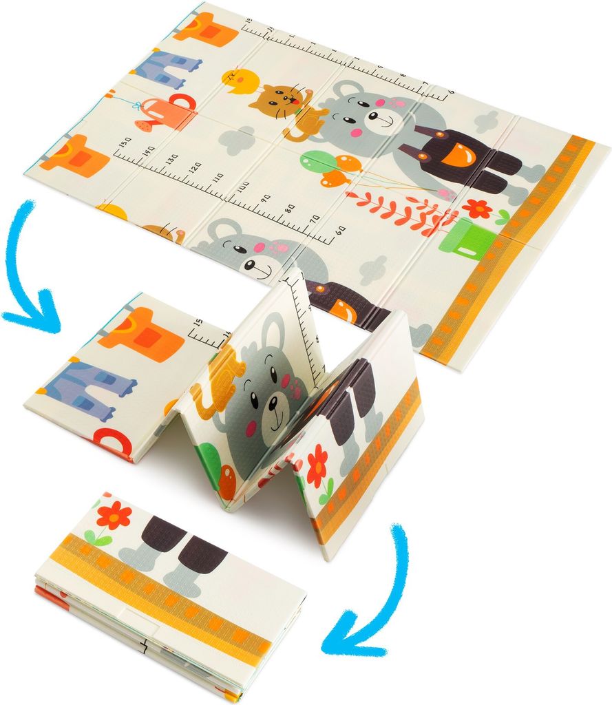 HUMBI speelmat voor baby, kruipmat, XPE-schuim, dubbelzijdig, opvouwbaar, waterdicht, extra groot, vloerkleed voor baby, antislip, 120x180 met teddyberen, vossen en auto's