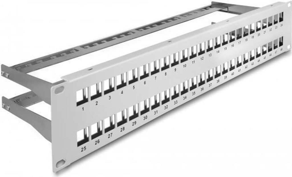 Delock - Patchpanel (Blindblech) - mit Zugentlastungen - Rack montierbar - Grau - 2U - 48.3 cm (19") - 48 Ports