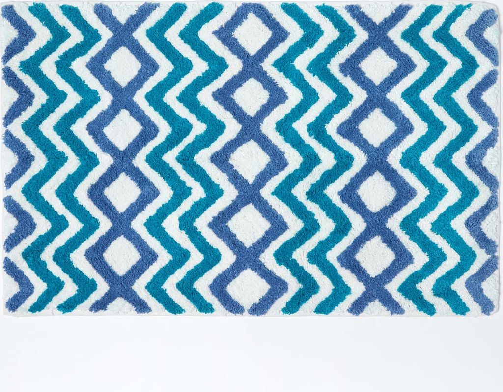 HOMESCAPES Chevron Rutschfeste Badematte 100% Baumwolle, blau, türkis, weiß