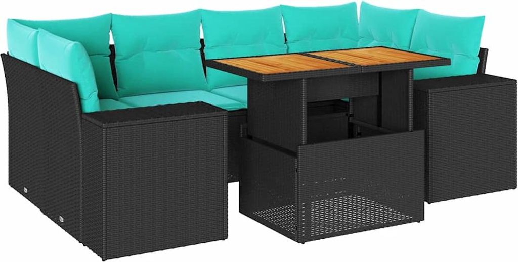 7-tlg. Garten-Sofagarnitur mit Kissen Schwarz Poly Rattan