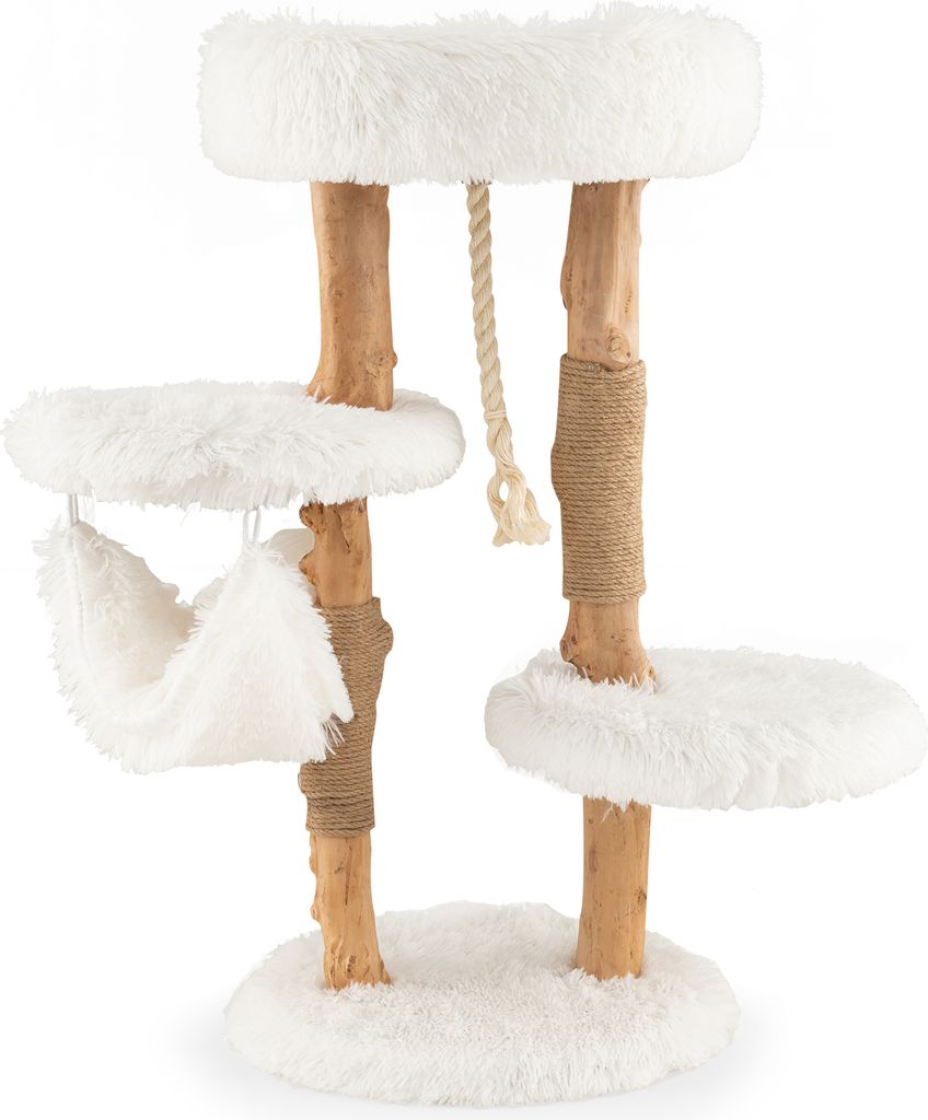 GOPLUS 87 cm Kratzbaum, Katzenbaum mit 3 Plattformen, Hängematte & Hängeseil, Kletterbaum mit Stützstangen aus Birnenholzstamm mit Jute-Umwicklu...