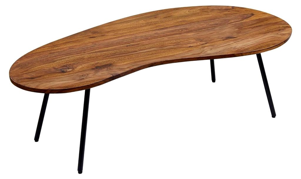 Couchtisch aus Sheesham mit Metallbeinen Schwarz, 122x36x63 cm, Nierentisch aus Massivholz, Moderner Holztisch