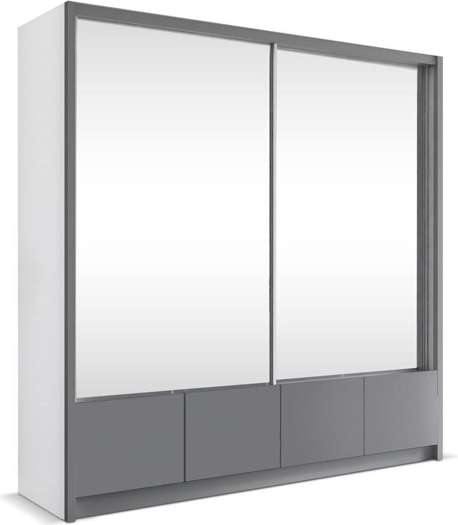 BETTSO Kleiderschrank mit Spiegel Schwebetürenschrank Schrank mit vielen Einlegeböden und Kleiderstange Gaderobe Schlafzimmer - VOX 200 Weiß+Grau