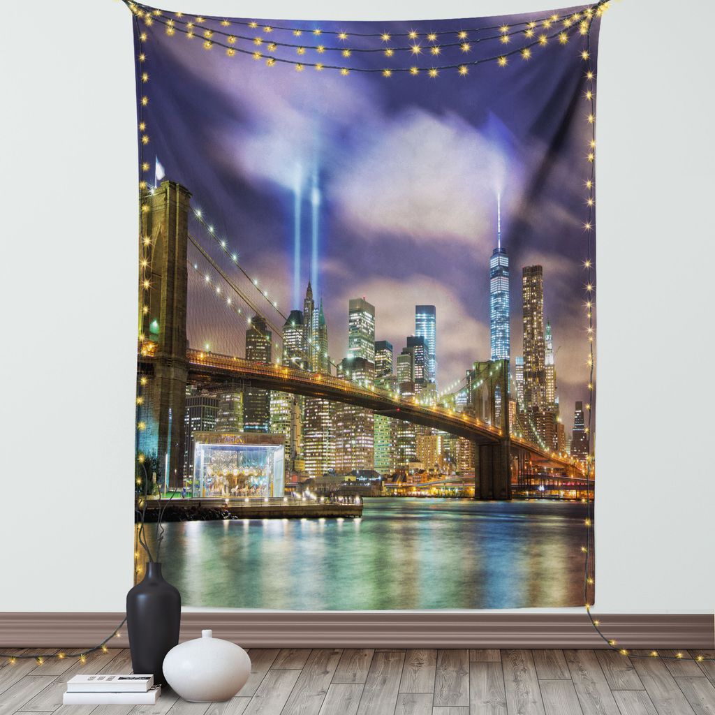 ABAKUHAUS Landschaft Wandteppich, Manhattan Skyline Mit Brooklyn Brücke Und Türme In Nyc USA Amerika, Wohnzimmer Schlafzimmer Seidiger Satin Wand...