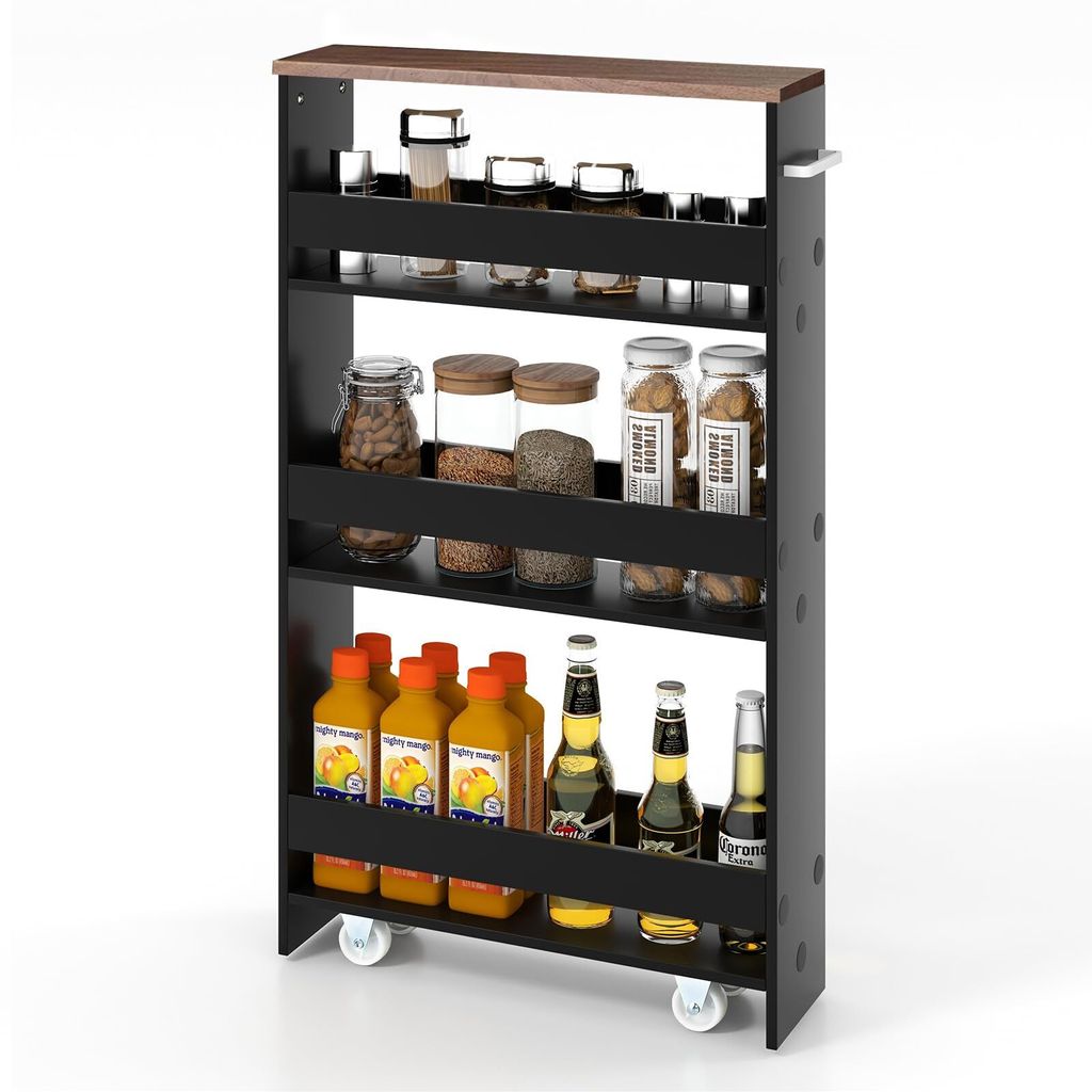 A four-tier rolling storage cart filled with various food and drink items.