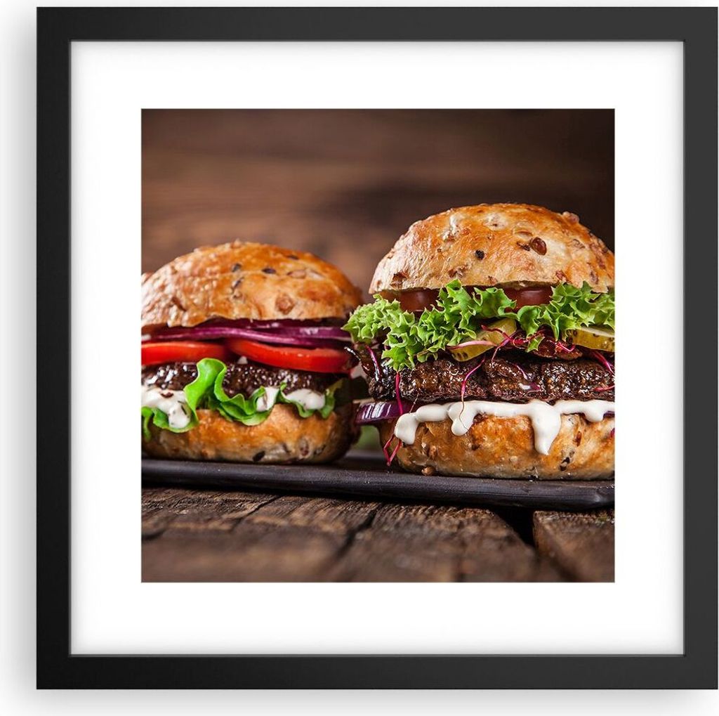 Gerahmtes Poster - Schwarzer Rahmen - Amerikaner Hamburger Essen Barbecue - 30x30 cm - Wand Bild - Wanddeko - Wandbilder - Wandposter - Bilderrahme...