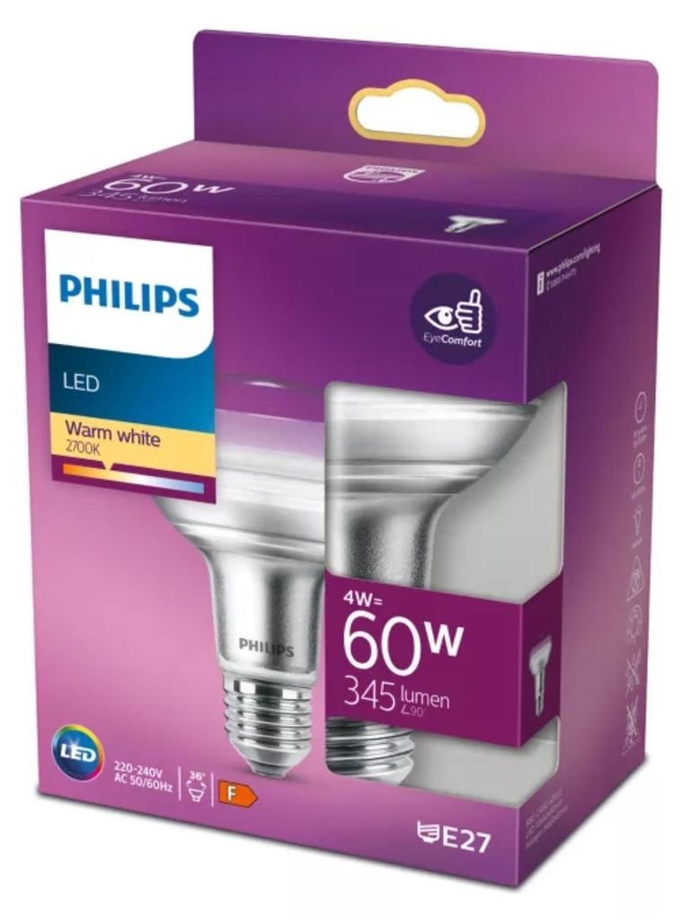 Philips LED Leuchtmittel R80 Glas Reflektor 4W = 60W E27 345lm warmweiß 2700K flood 36°