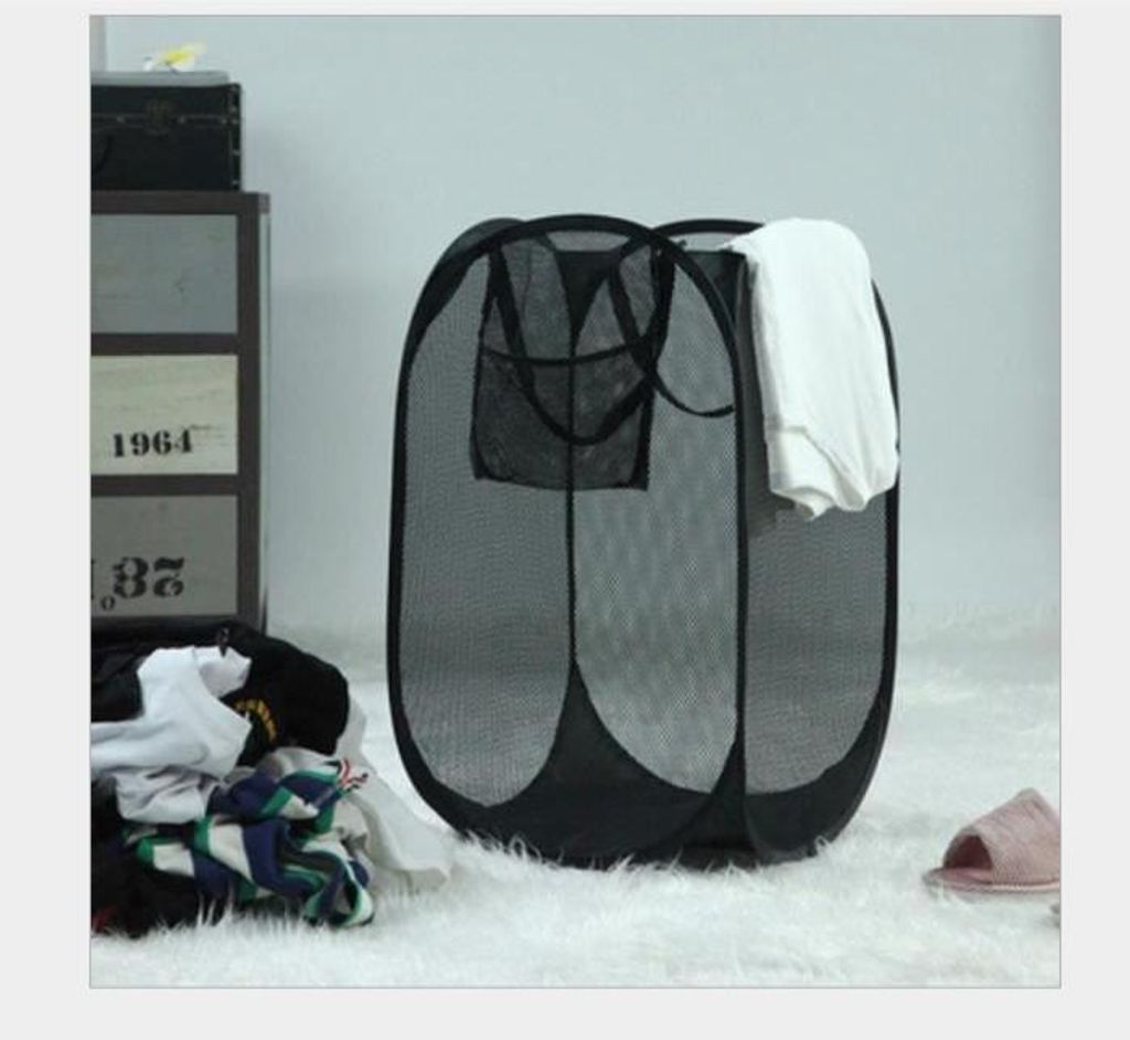 Schwarzer, zusammenfaltbarer Wäschekorb aus Netzgewebe, Aufbewahrungskorb, Wäschebeutel, Spielzeugkorb, atmungsaktiver Behälter mit Griff, 60 x ...