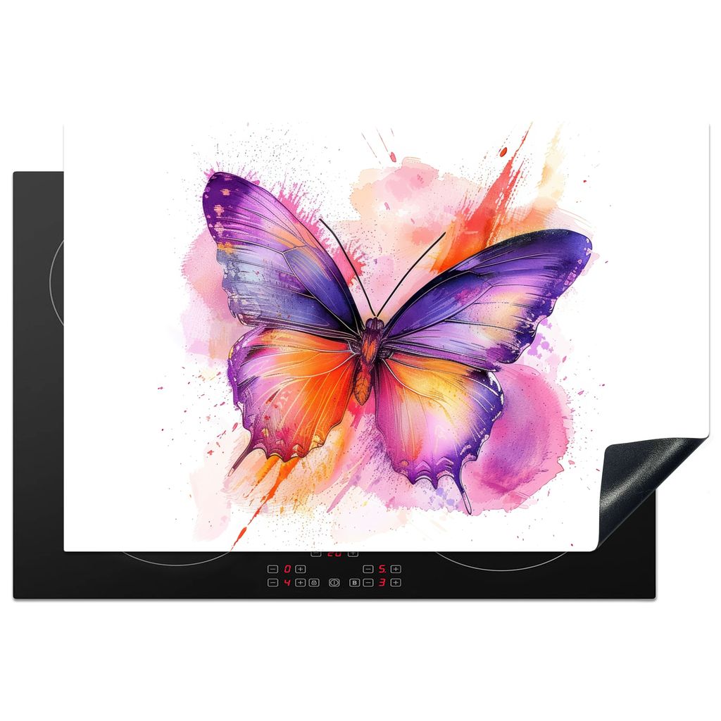 KitchenYeah Herdabdeckplatte Schmetterling - Aquarell-Look - Lila - Tier , 77x51cm, Küche Deko, Glaskeramikkochfeld Herdabdeckung, Abdeckplatte ...