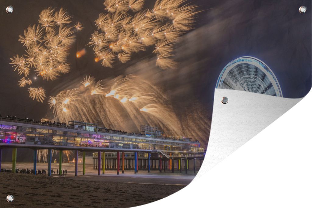 MuchoWow 60x40 cm Outdoor-Poster Gartendeko Sichtschutz Garten Poster für den Garten Goldenes Feuerwerk am Pier von Scheveningen