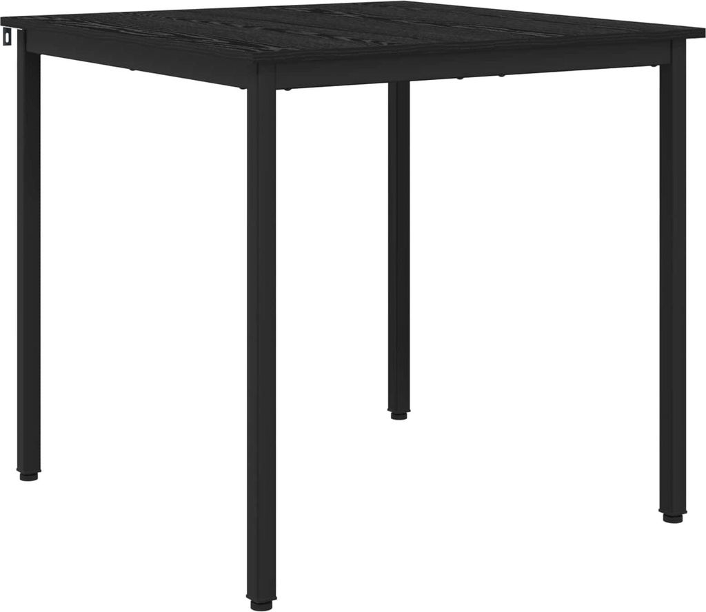 A black metal table with a slatted top and four legs, shown from a front-facing angle against a white background.