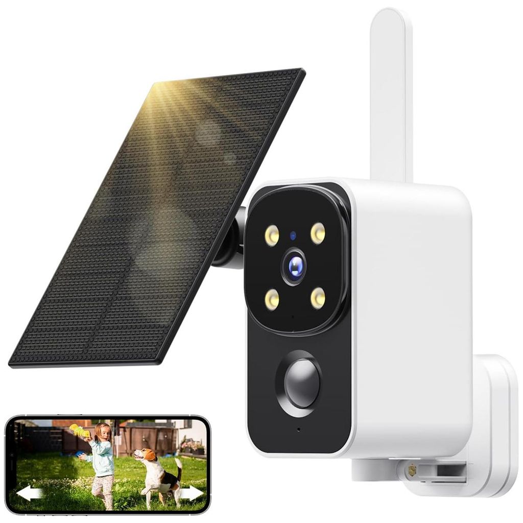 180° Überwachungskamera für Außen mit Akku und Solar – 2K Auflösung, farbige Nachtsicht, Zwei-Wege-Audio, 2.4GHz WLAN, IP65 wasserdicht