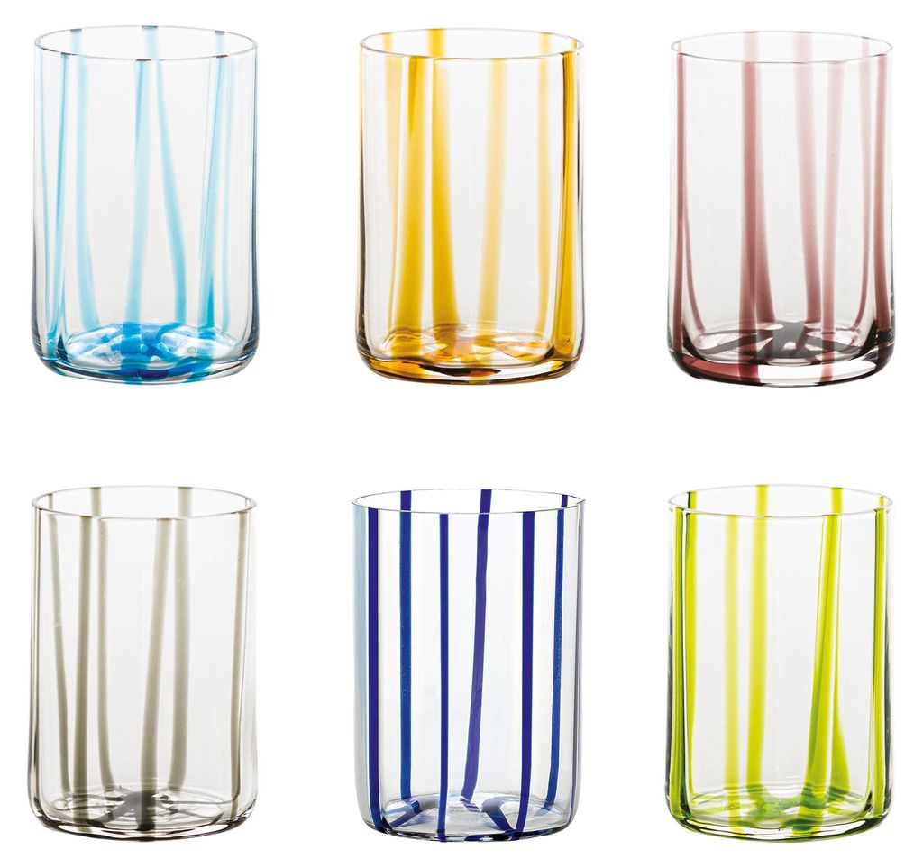 Zafferano Set aus 6 handgefertigten, farbigen Glasbechern, elegantes Design mit erhabenen Linien, verschiedene Farben, handwerkliche Qualität